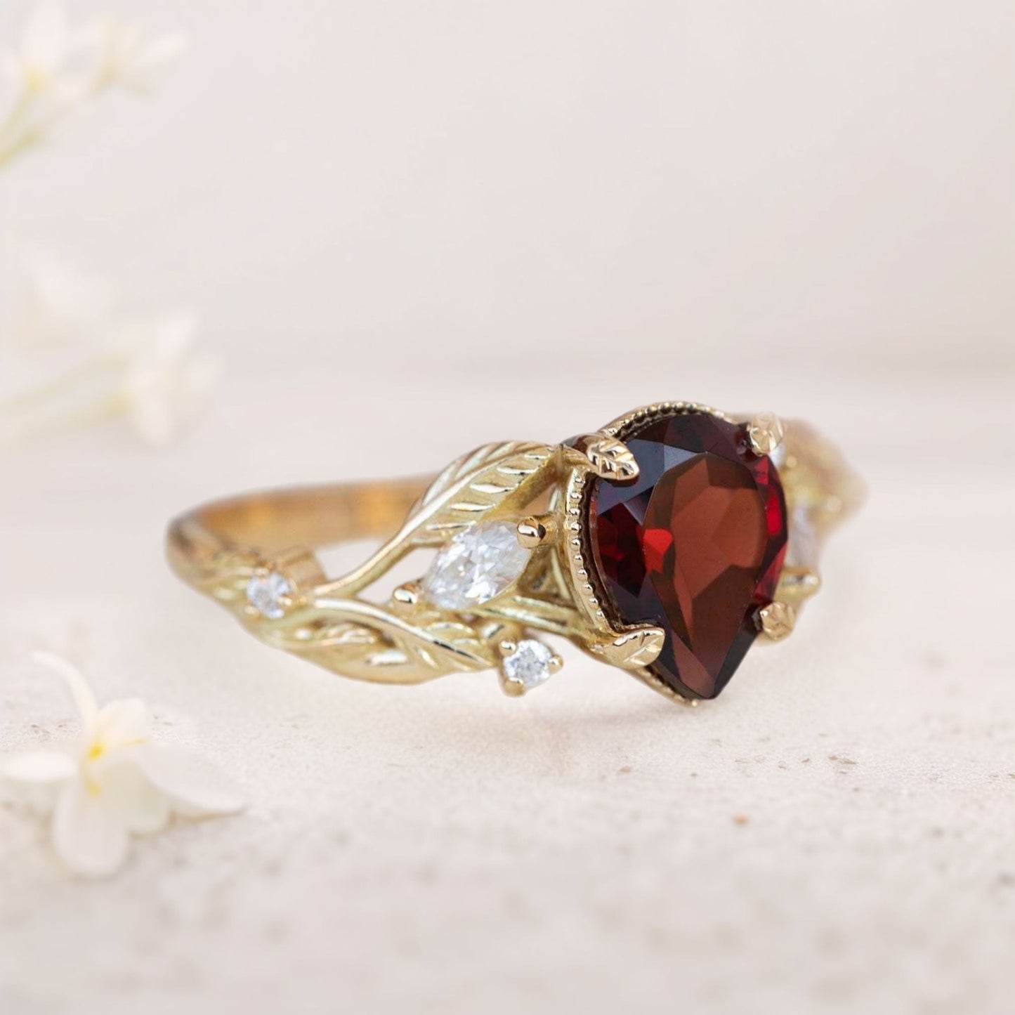 Unique floral engagement rings Pear Garnet Engagement Ring flower Ring