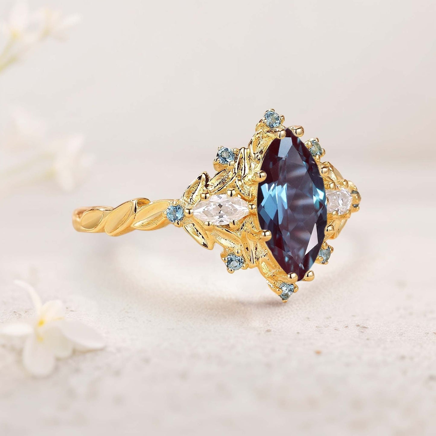 Unique Marquise Lab Alexandrite Ring Art Deco Round Alexandrite Halo Wedding Ring