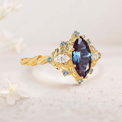 Unique Marquise Lab Alexandrite Ring Art Deco Round Alexandrite Halo Wedding Ring