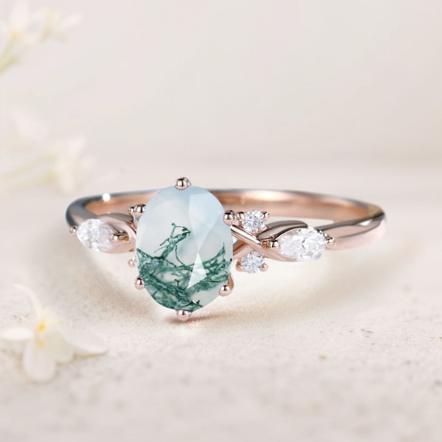 Vintage Oval Moss Agate and Moissanite Engagement Ring