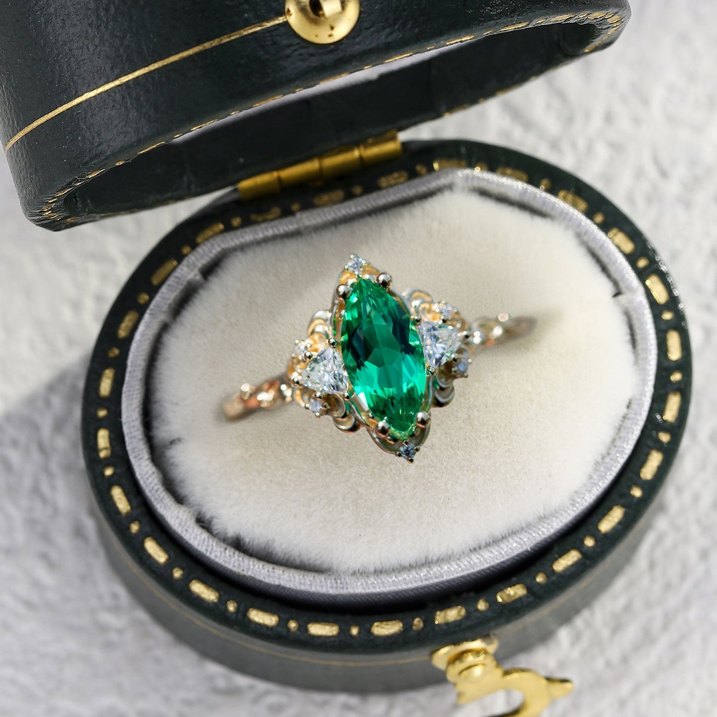 Unique Aurora Three Stone Marquise Lab Emerald Ring