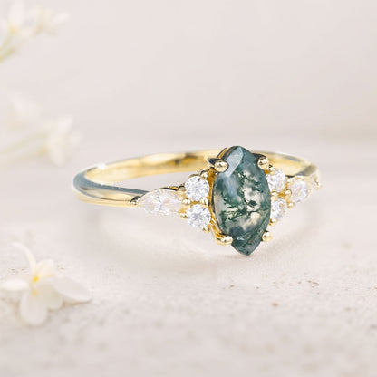 Unique Marquise Moss Agate Simple Engagement Ring