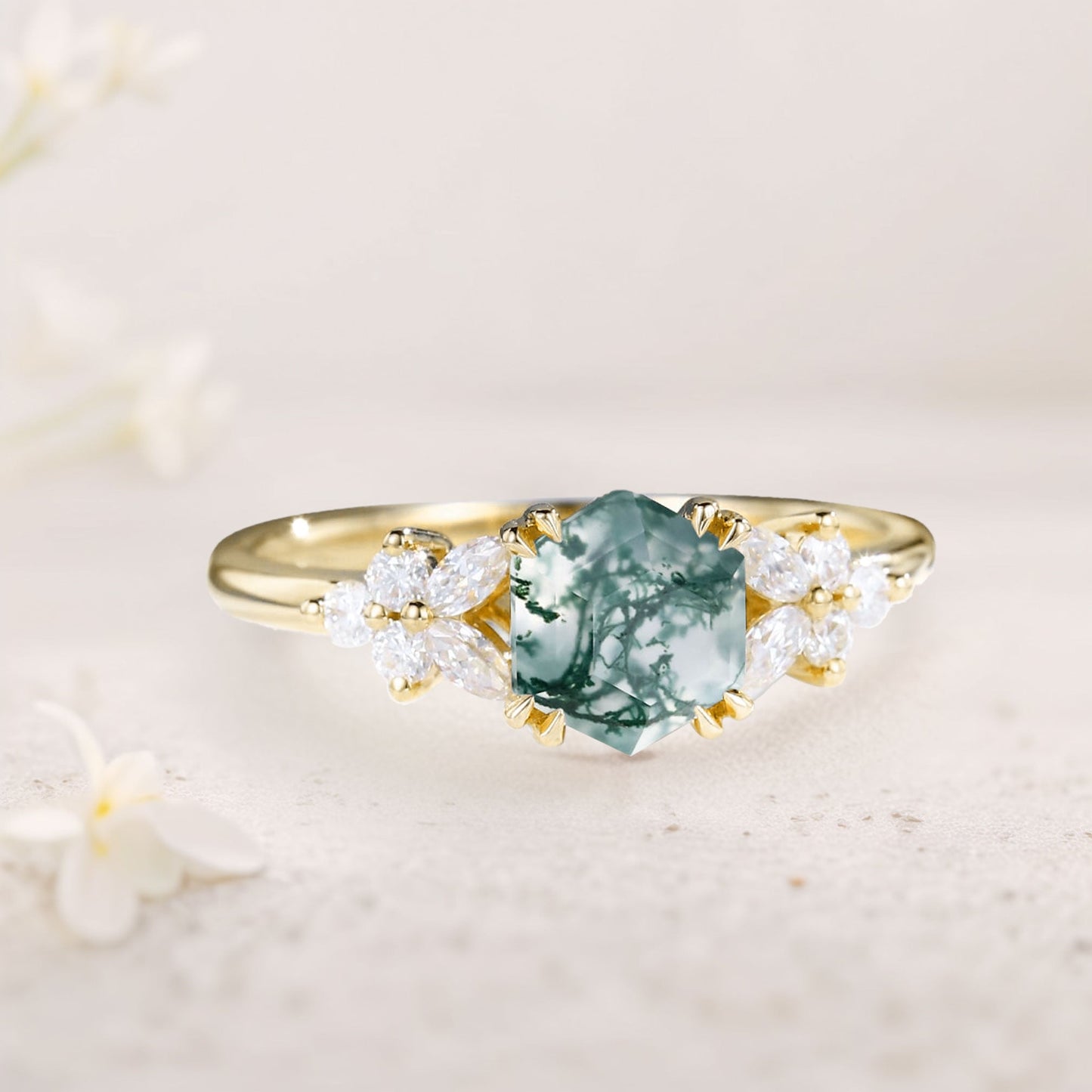 Unique Hexagon Moss Agate Simple Engagement Ring