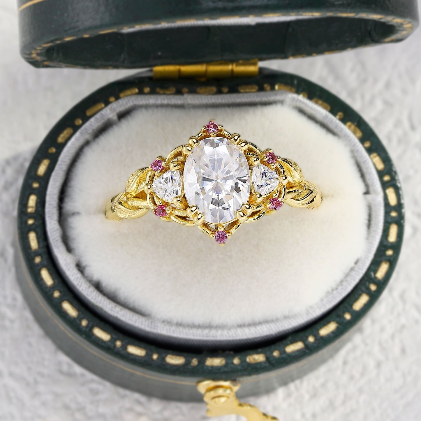 Unique Three Stone Oval Moissanite with Amethyst Engagement Ring For Women