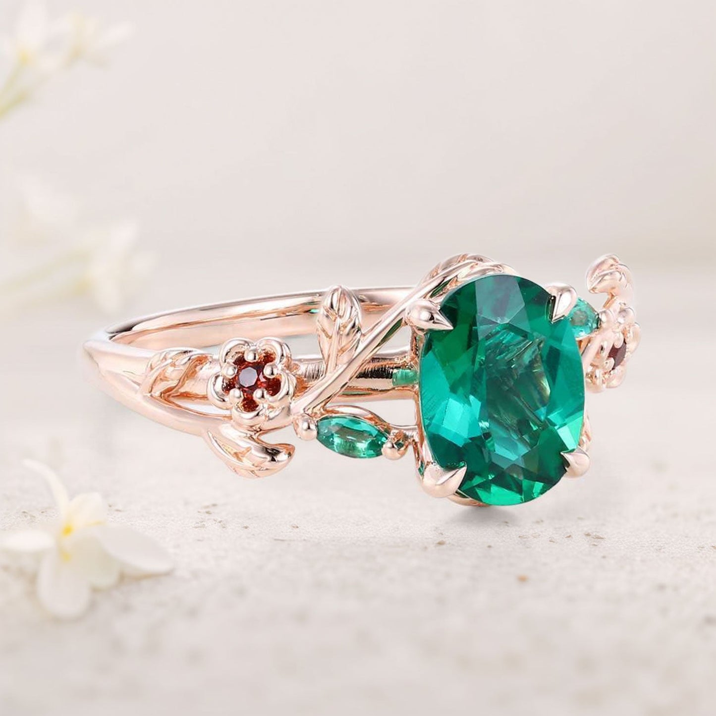 Unique Oval Lab Emerald Engagement Ring with Lab Ruby Accents