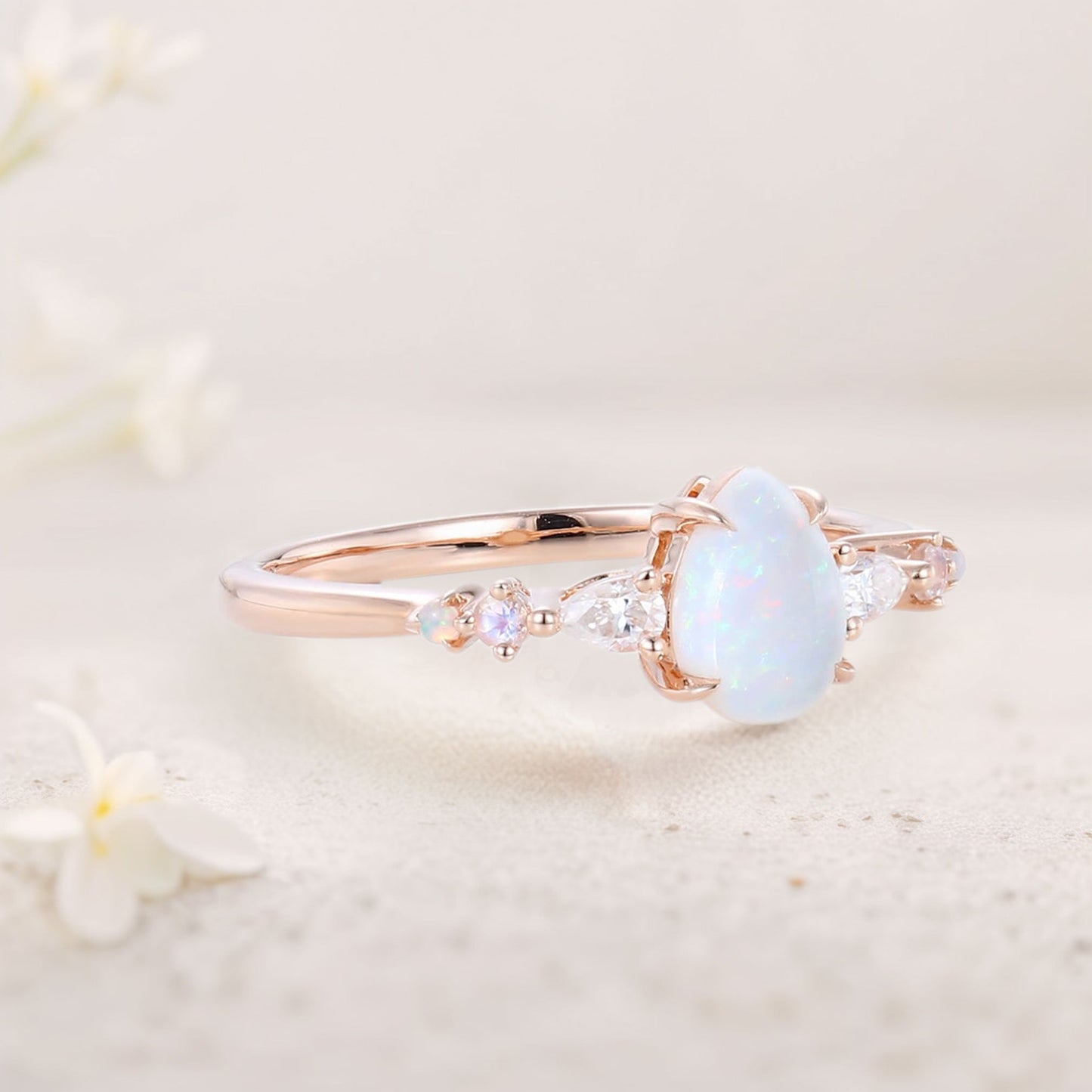 Vintage Pear Lab Opal and Moissanite Engagement Ring