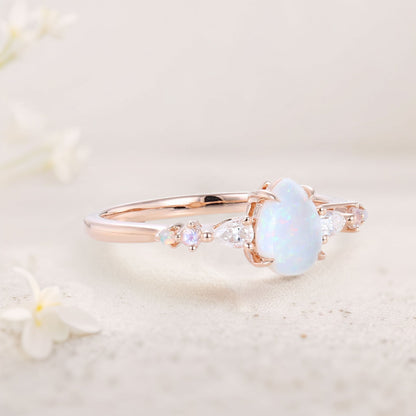 Vintage Pear Lab Opal and Moissanite Engagement Ring