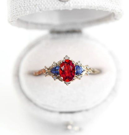 Unique Briar Rose Oval Garnet and Lab Sapphire Ring