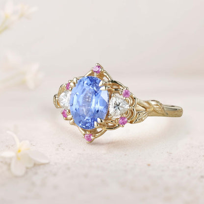 Unique Three Stone Oval Lab Sapphire Engagement Ring