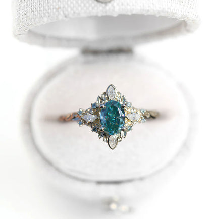 Unique Galadriel Oval Teal Moissanite Ring