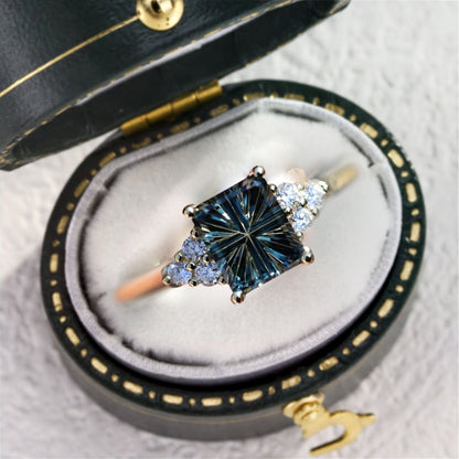 Unique Emerald cut Lab Sapphire Cluster Engagement Ring