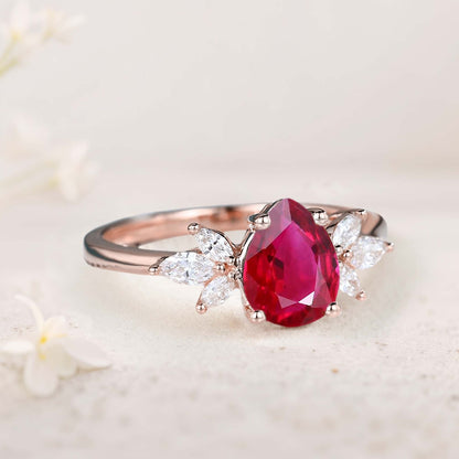 Unique Pear Lab Ruby Engagement Ring Simple Cluster Bridal Ring