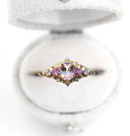 Unique Floral Rose Three Stone Oval Lab Grey Spinel and Ruby Ring