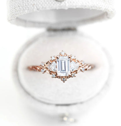 Unique Celeste Rose Three Stone Emerald cut Moissanite Ring