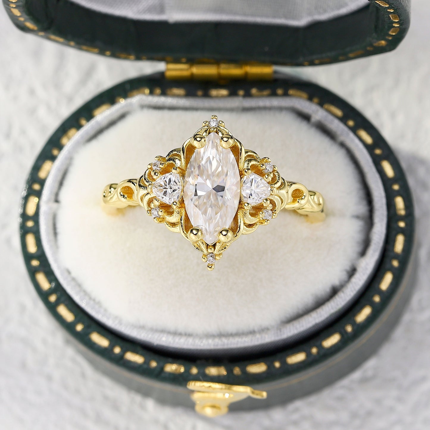 Unique Aurora Three Stone Marquise Moissanite Ring