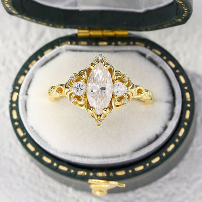 Unique Aurora Three Stone Marquise Moissanite Ring