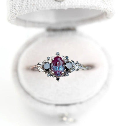 Unique Floral Rose Three Stone Oval Lab Alexandrite and Black Moissanite Ring