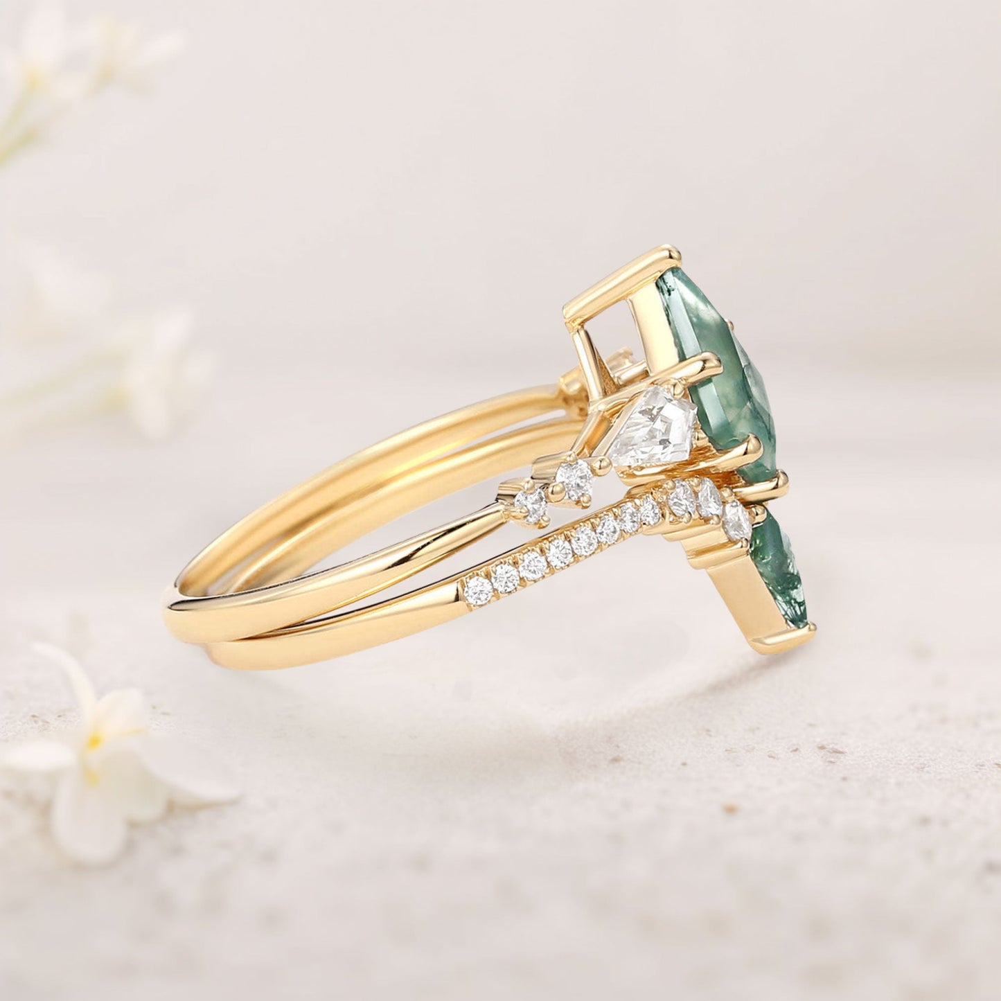 Unique floral engagement rings Twin Flames Kite Moss Agate Wedding Ring Set