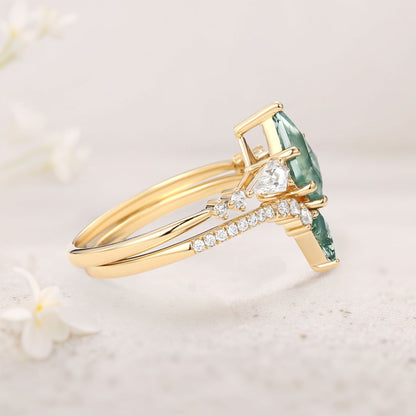 Unique floral engagement rings Twin Flames Kite Moss Agate Wedding Ring Set