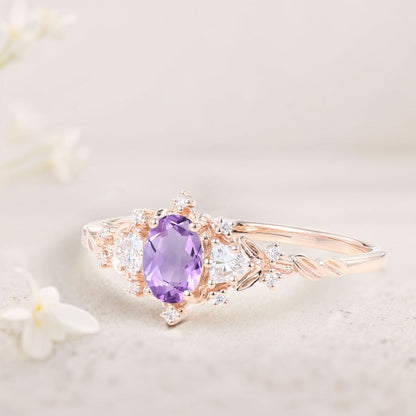 Vintage Briar Rose Oval Amethyst Olive Leaves Engagement Ring