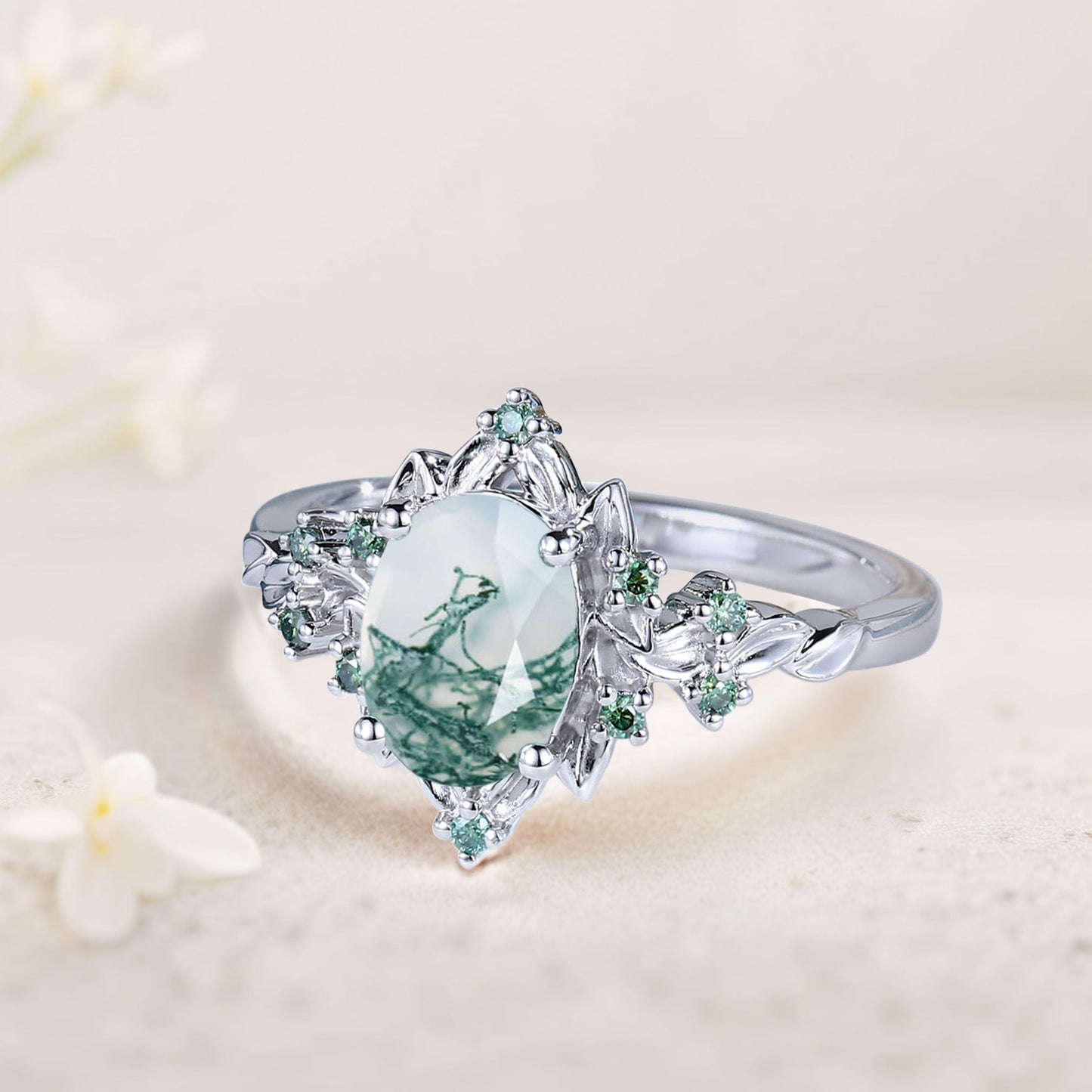 Vintage Briar Rose Oval Moss Agate Engagement Ring Olive Leaves Ring