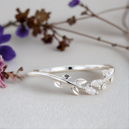 Unique Marquise Moissanite Wedding Band Leaf Moissanite Engagement Ring