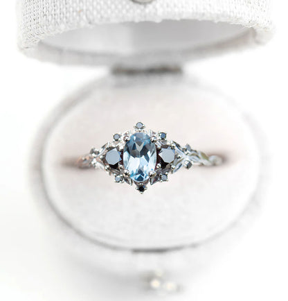 Unique Briar Rose Three Stone Oval Lab Aquamarine and Black Moissanite Ring