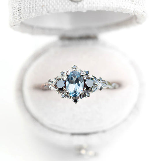 Unique Briar Rose Three Stone Oval Lab Aquamarine and Black Moissanite Ring
