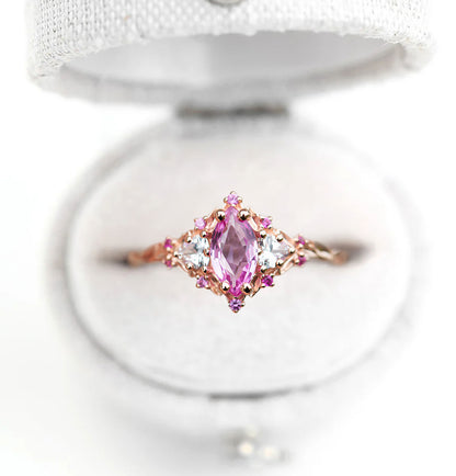 Unique Floral Rose Three Stone Marquise Pink Padparadscha and Moissanite Ring