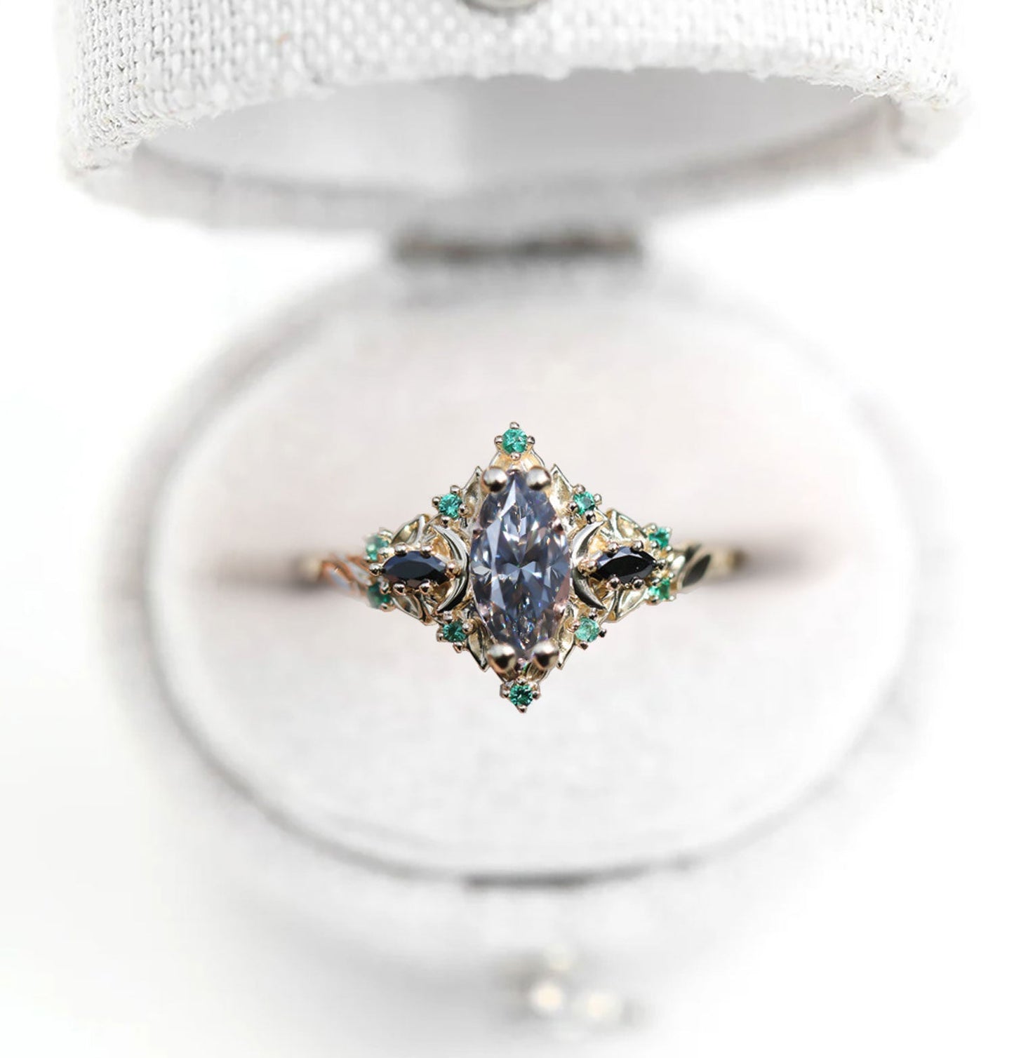 Unique Briar Moon Three Stone Marquise Grey Moissanite and Lab Emerald Ring