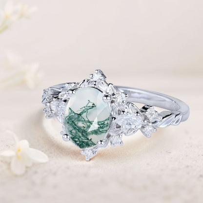 Vintage Briar Rose Oval Moss Agate Engagement Ring  Vine Ring