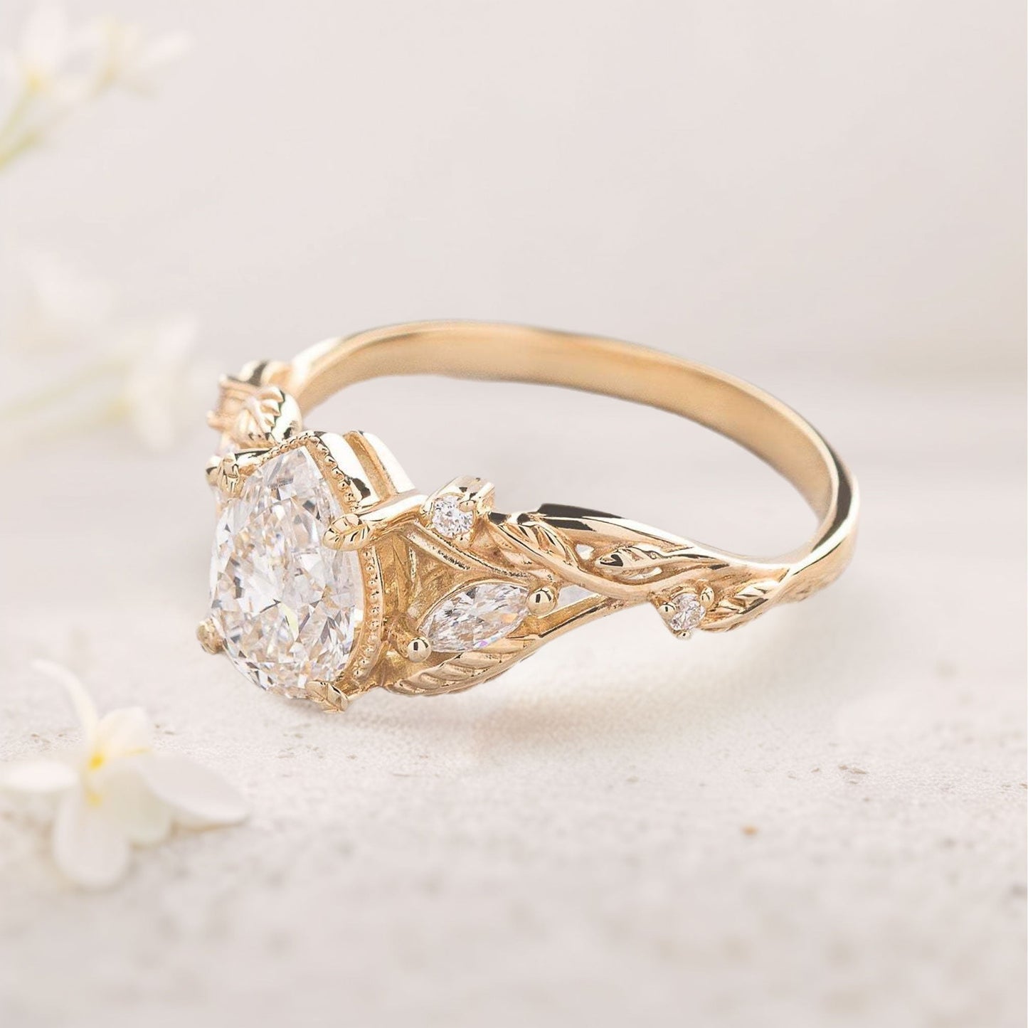 Unique Pear Moissanite With leaves Engagement Ring Wedding Ring