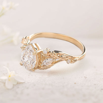 Unique Pear Moissanite With leaves Engagement Ring Wedding Ring