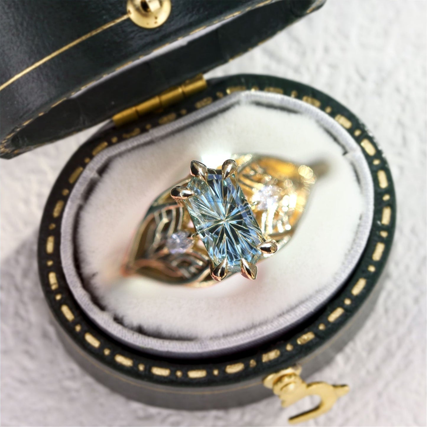 Unique Elvindell Three Stone Hexagon Starbrite Lab sapphire Ring