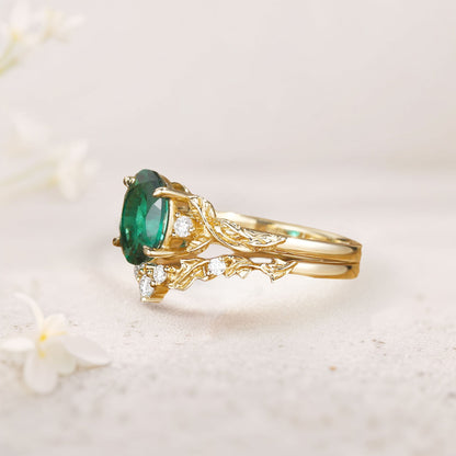Unique floral engagement rings Oval Lab Emerald Leaf Branch Engagement Ring Set