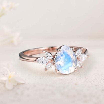 Unique Pear Lab Moonstone Engagement Ring Simple Cluster Bridal Ring