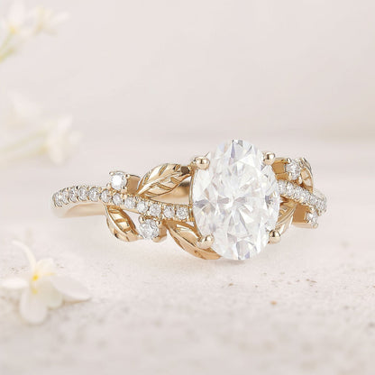 Unique Oval Moissanite Leafy Engagement Ring