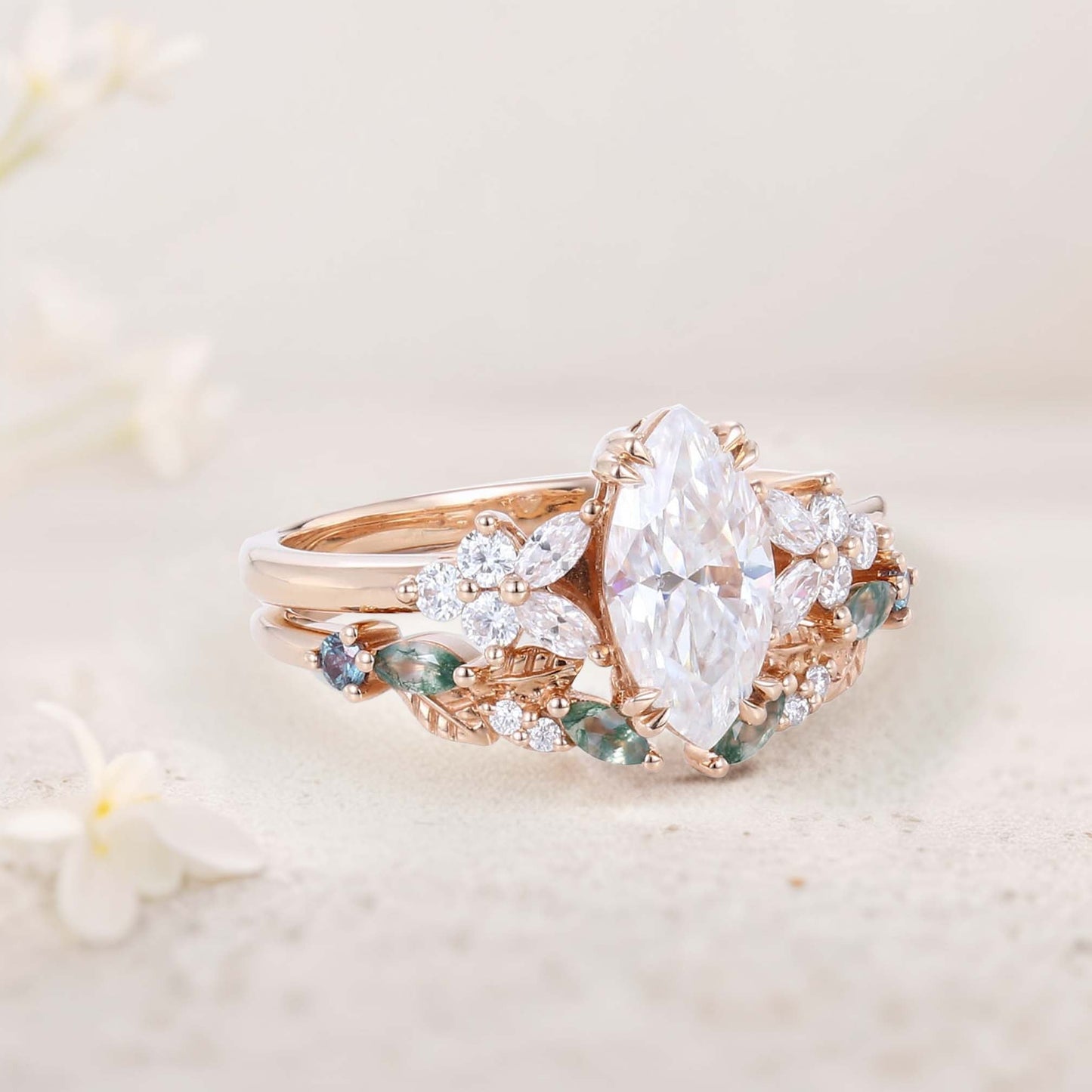 Vintage Marquise Moissanite Engagement ring set Cluster shank leaf Bridal Set