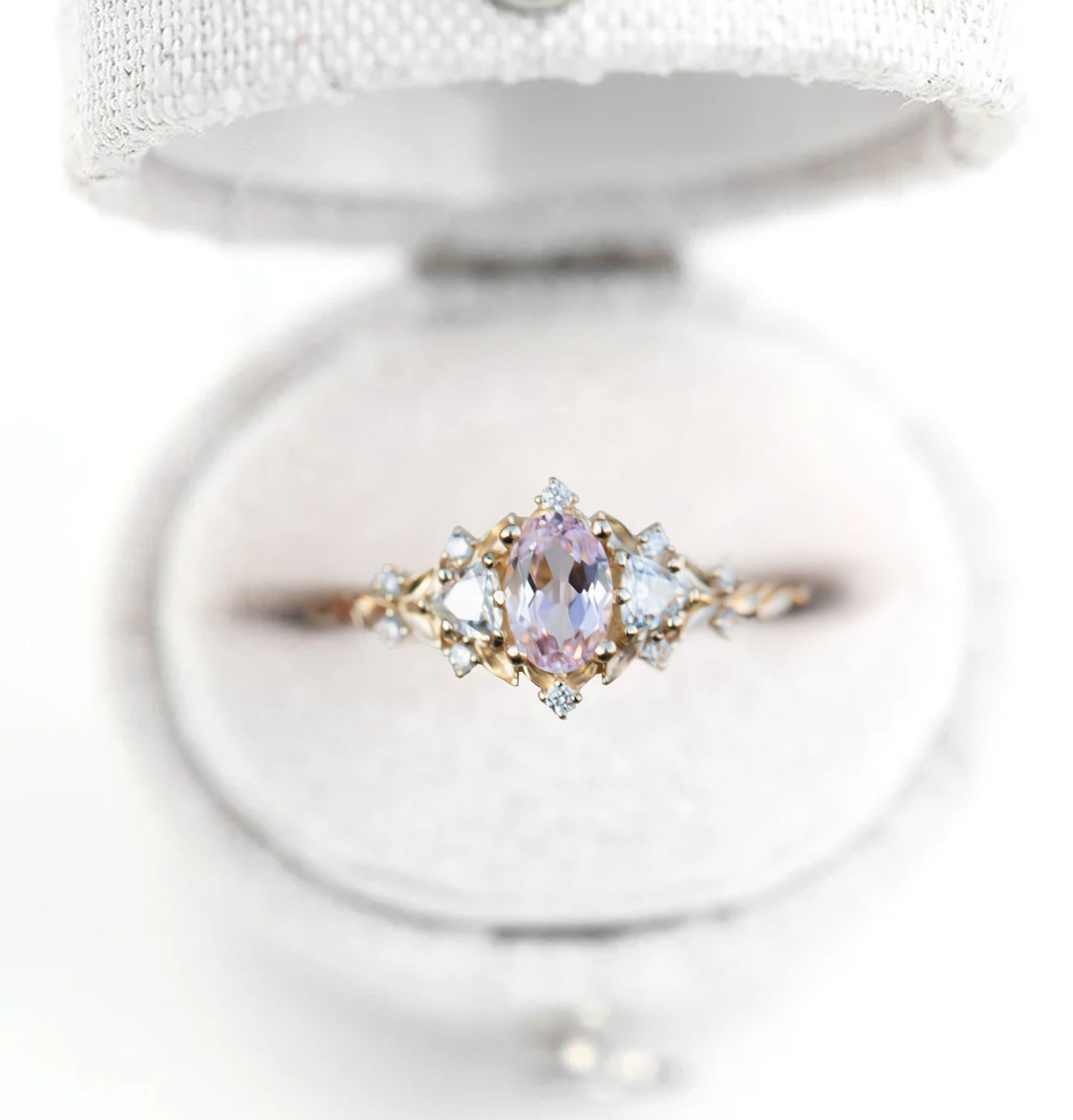 Unique Floral Rose Three Stone Oval Pink Padparadscha Ring