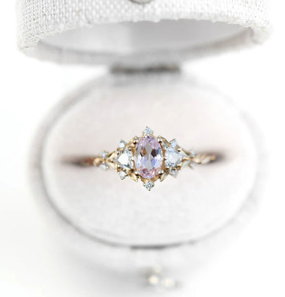 Unique Floral Rose Three Stone Oval Pink Padparadscha Ring