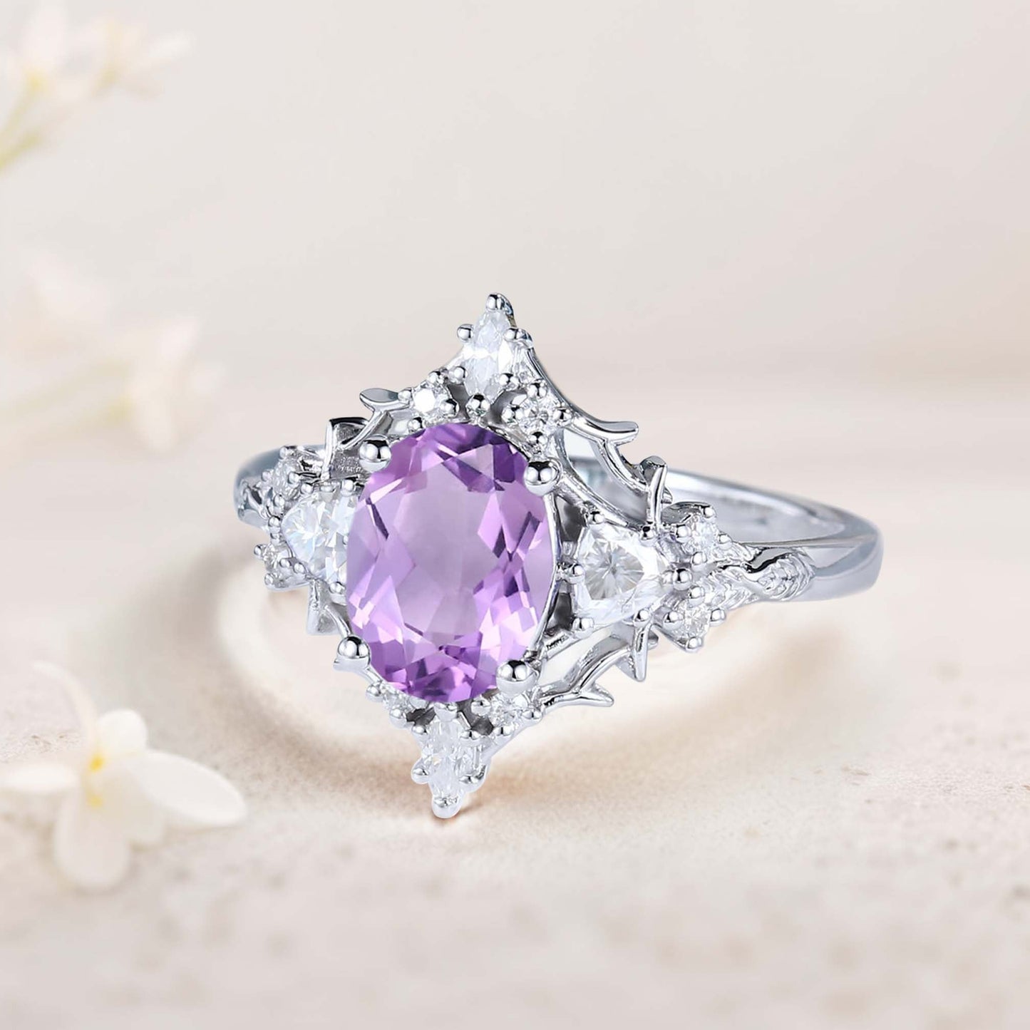 Vintage Floral Briar Rose Oval Amethyst and Moissanite Engagement Ring Filigree Ring