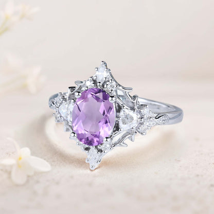 Vintage Floral Briar Rose Oval Amethyst and Moissanite Engagement Ring Filigree Ring