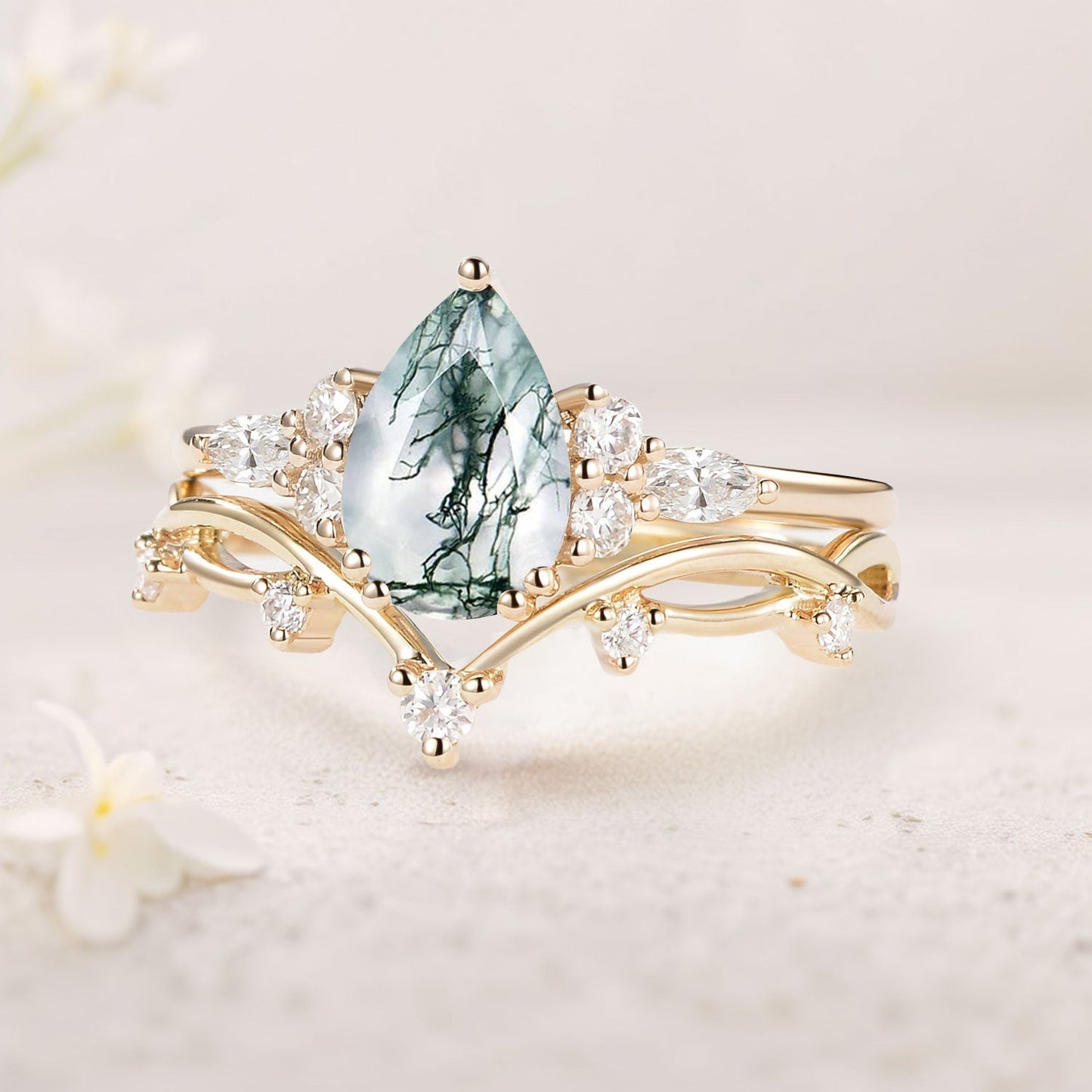 Unique Branches Pear Moss Agate Leafy Ring Set
