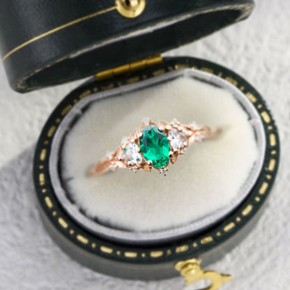 Unique Briar Rose Three Stone Oval Lab Emerald Ring