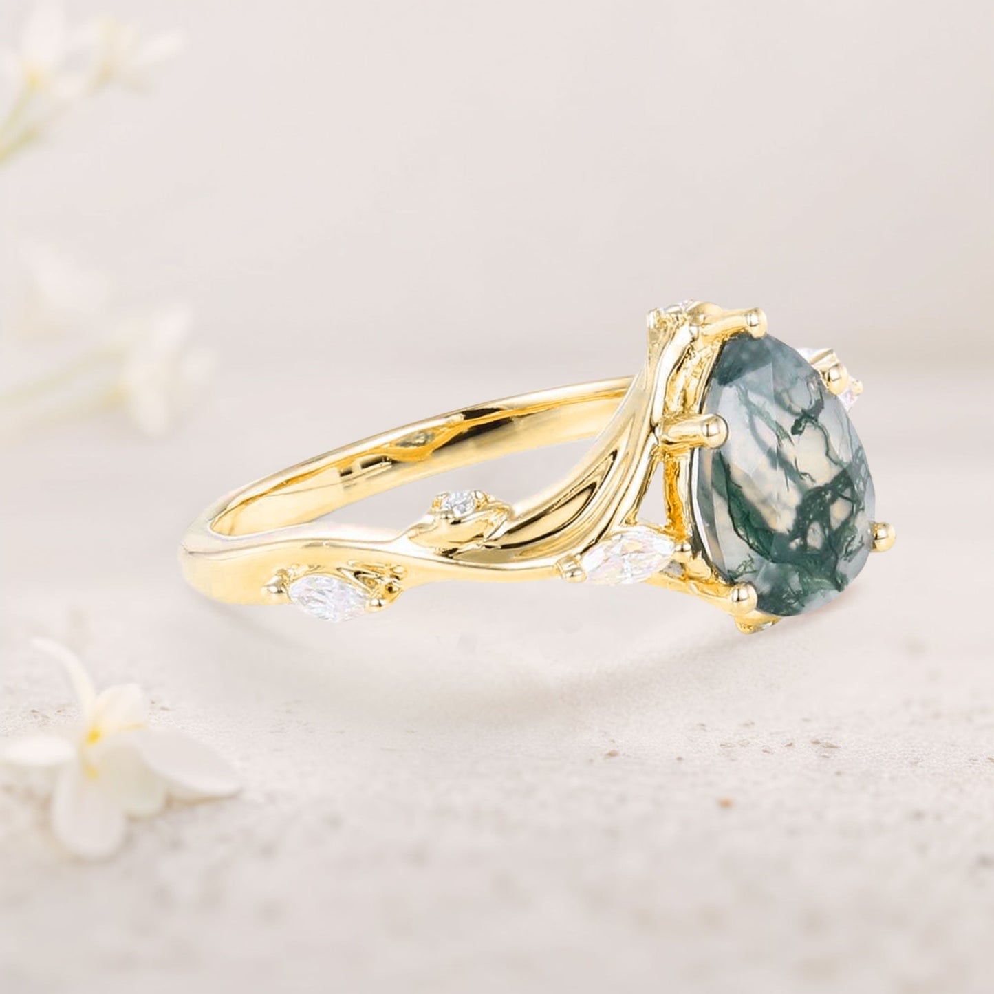 Unique floral engagement rings Pear Moss Agate Engagement Ring Branching Bridal Ring