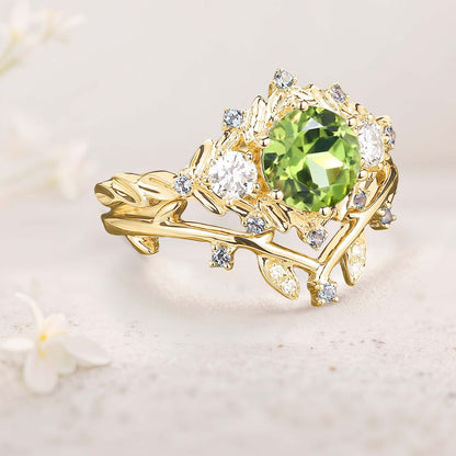 Unique Round Peridot Leaf Engagement Ring Set Moissanite Cluster Flower Wedding Ring Set