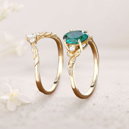 Unique floral engagement rings Nature Inspired Oval Lab Emerald  Engagement Ring Set