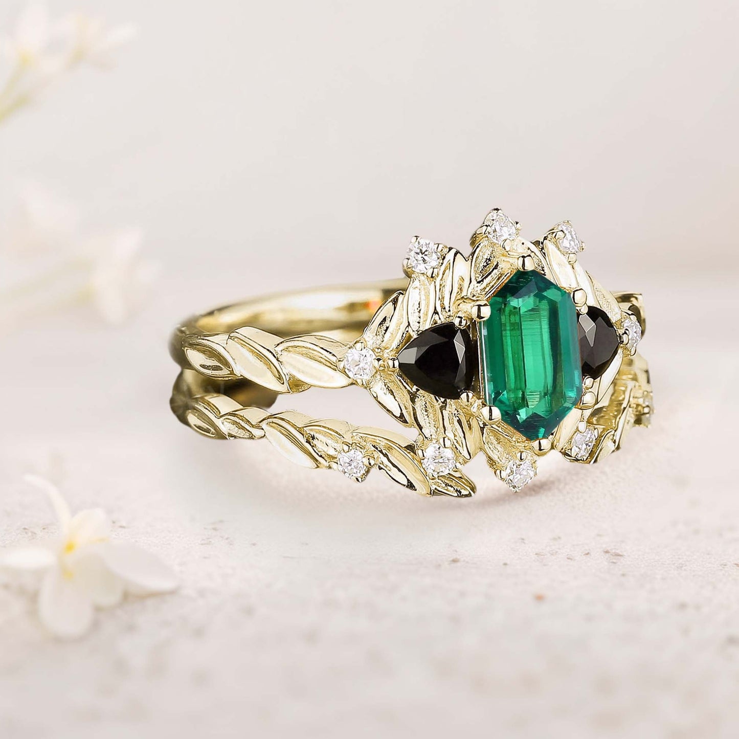 Unique Long Hexagon Lab Emerald Leaf Engagement Ring Wedding Ring Set