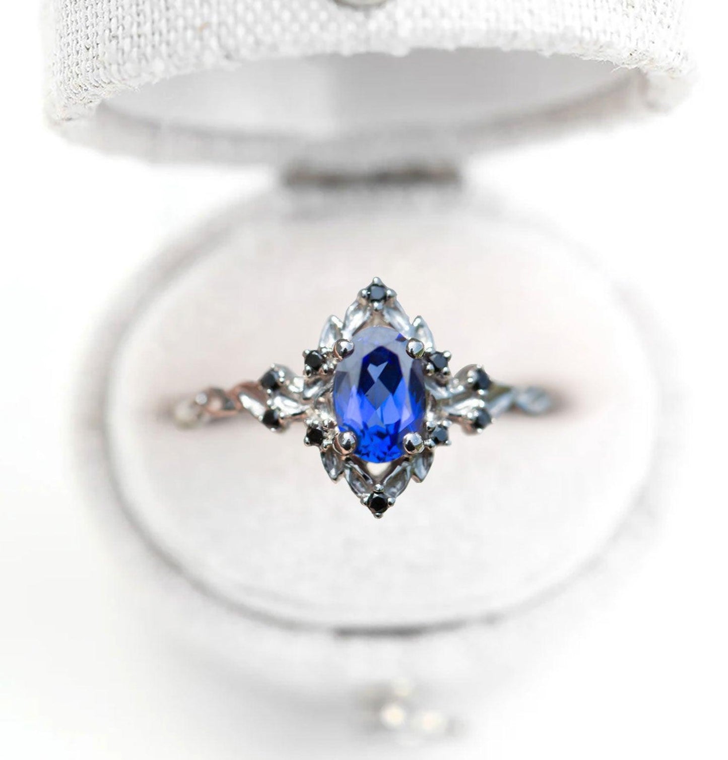 Unique Briar Rose Oval Lab Sapphire and Black Moissanite Ring