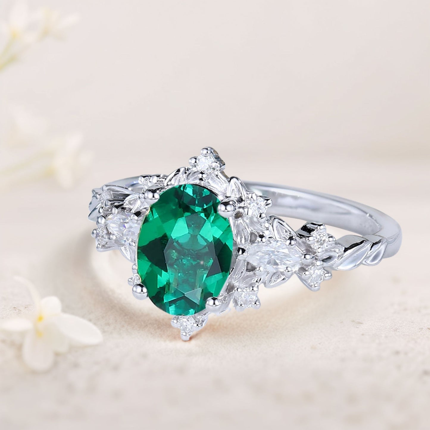 Vintage Briar Rose Oval Lab Emerald Engagement Ring  Vine Ring